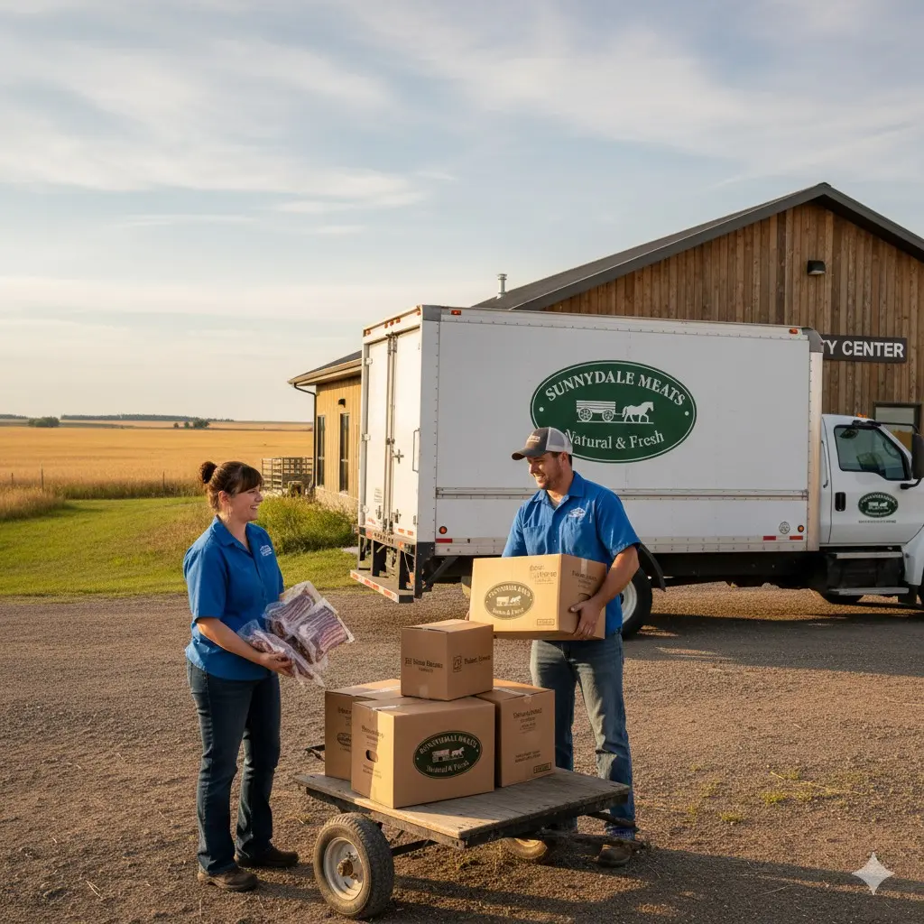 Sunnydale team members preparing products beside the delivery truck
